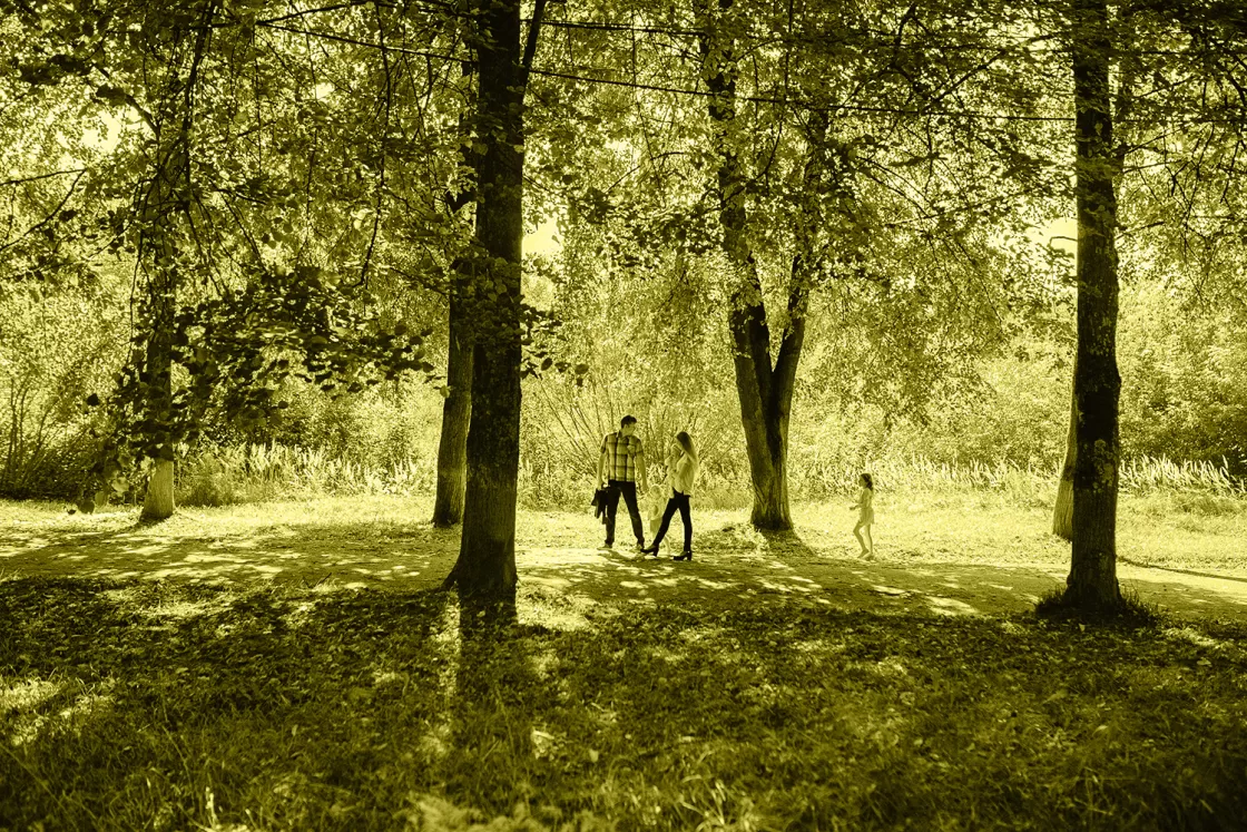 Working parents on a walk with their children